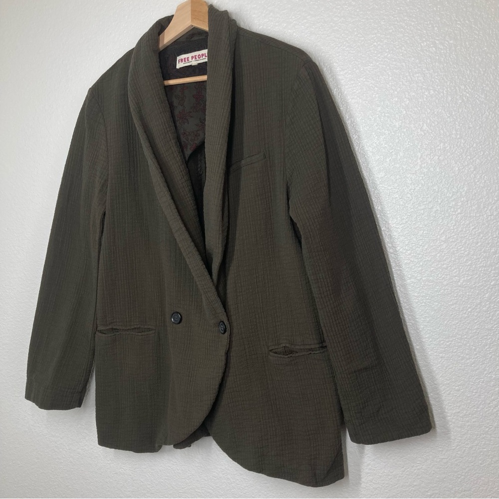 free People Rowan Blazer Gauze Cotton Olive Green Boho Médium Oversize Button Up - Picture 5 of 16